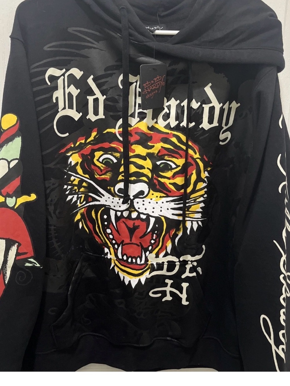Ed Hardy Black Hoodie with Yellow and Red Tiger Print
